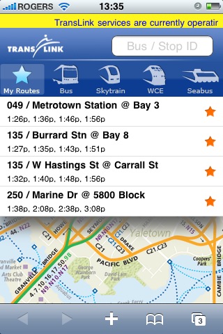 tl2 A screenshot of TransLink's iPhone application - a mobile site optimized for the iPhone.