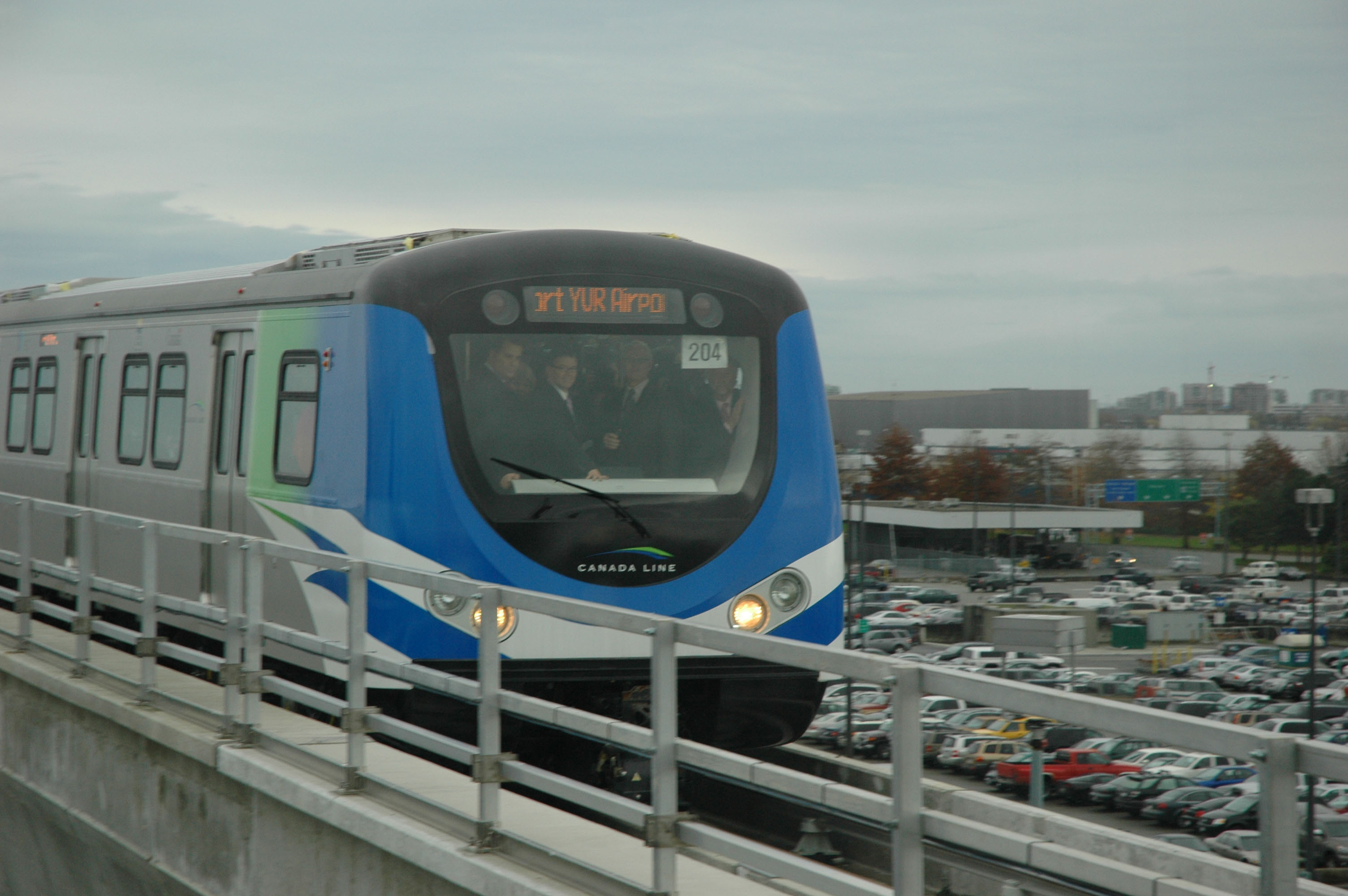 A Canada Line train approaches YVR Station, carrying its first passengers from Bridgeport Station on a Nov. 12  trial run.