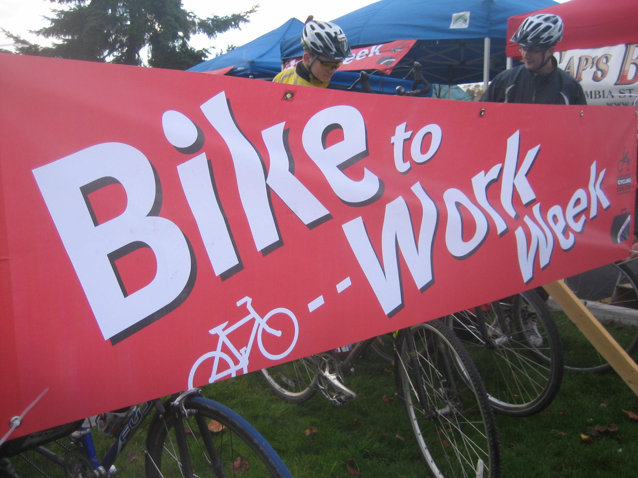 The Bike to Work Week banner at the Gilmore commuter station.