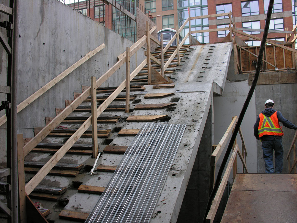 The uppermost set of stairs in Yaletown Station.