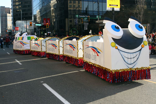 The Canada Line float from last year's Rogers Santa Claus Parade. This year, there will be a Canada Line float and a TransLink bus in the parade!