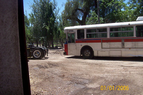 A trolley being towed around the yard.