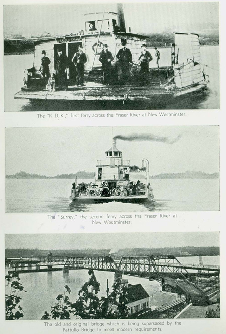 The bridge and two ferries that existed before the Pattullo Bridge. Scans provided courtesy of the <a href=http://www.burnabyvillagemuseum.ca>Burnaby Village Museum</a>.