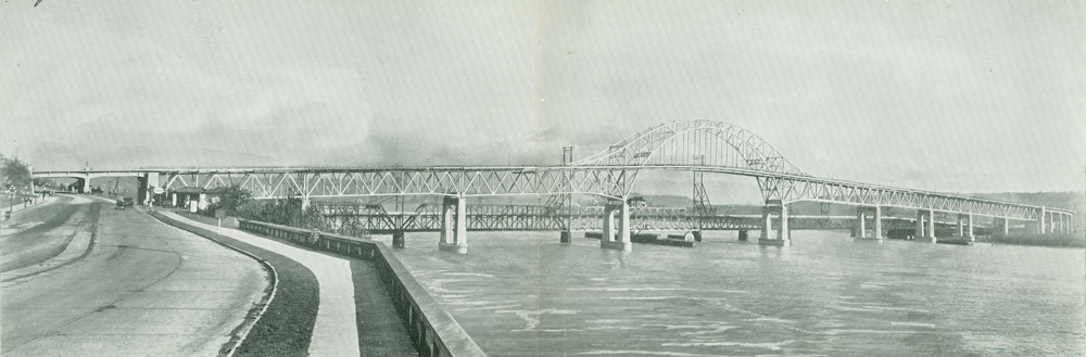 A photograph of the Pattullo Bridge upon completion, from the centre of the souvenir programme. Scans provided courtesy of the <a href=http://www.burnabyvillagemuseum.ca>Burnaby Village Museum</a>.