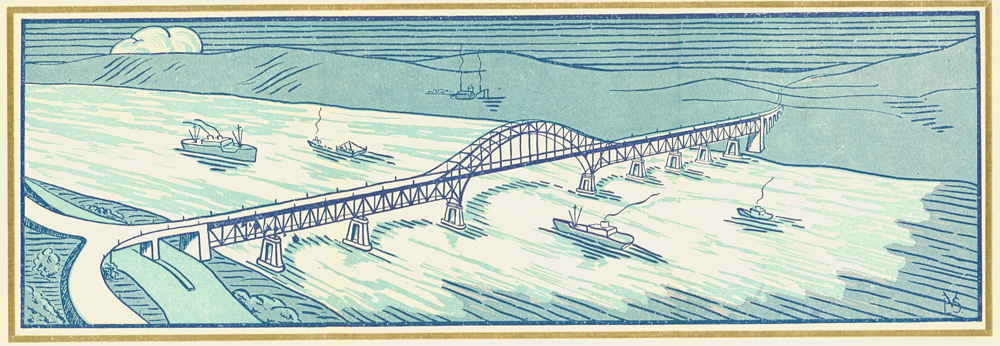 The luncheon menu illustration of the completed bridge. Scan provided courtesy of the <a href=http://www.burnabyvillagemuseum.ca>Burnaby Village Museum</a>.