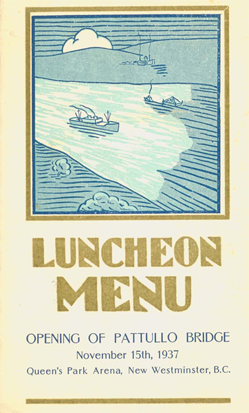 The cover of the luncheon menu. Scan provided courtesy of the <a href=http://www.burnabyvillagemuseum.ca>Burnaby Village Museum</a>