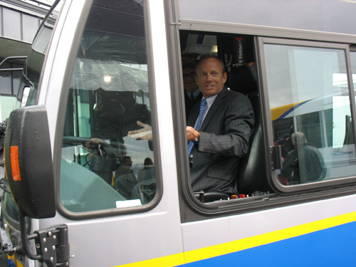 Stockwell Day, Canada's Minister of Public Safety, gets behind the wheel of one of our low-floor diesel buses. Minister Day attended our event on behalf of John Baird, the Transport and Infrastructure Minister.