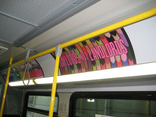 Instant Coffee 500, a series of 16 artworks that replaced the interior ad-cards on one articulated trolley. (The one pictured here is the winning card and will be enlarged and displayed on the outside of a third bus.)
