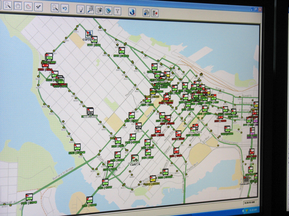 Downtown Vancouver’s bus traffic at a glance. Owing to new communications upgrades, supervisors at Transit Communications can now watch bus traffic throughout the region like this in real time.