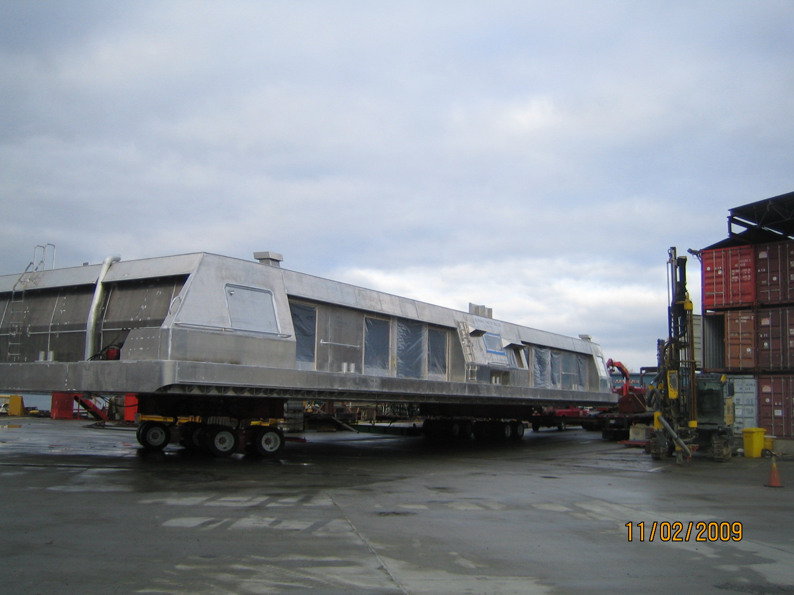 The SeaBus passenger shell arrives at Victoria Shipyards last week.