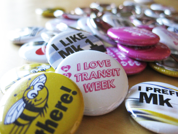 A sampling of the I Love Transit buttons that will be available! Four of these have been designed by the kind and super talented <a href=http://www.flickr.com/photos/jmv/>Jason Vanderhill</a>.