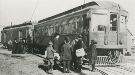 The very first interurban on the Burnaby Lake line, leaving New Westminster. (Item 166-001, from the Burnaby Historical Society Community Archives Collection, courtesy of the City of Burnaby Archives.)