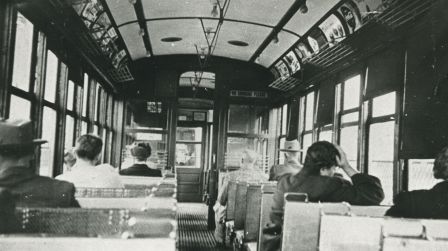 Photograph of a Burnaby Lake Interurban tram interior, dated 1930—it gives you a great feel of what it’s like to ride the tram. This car is actually is a sister car to the restored interurban held at the Burnaby Village Museum. (Item 204-372, from the Mayor's Office fonds, courtesy of the City of Burnaby Archives.)