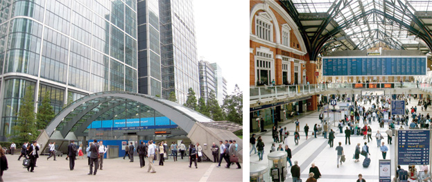 Canary Wharf Station (left) and Liverpool Street Station serve as possible inspirations for the Waterfront Station hub.