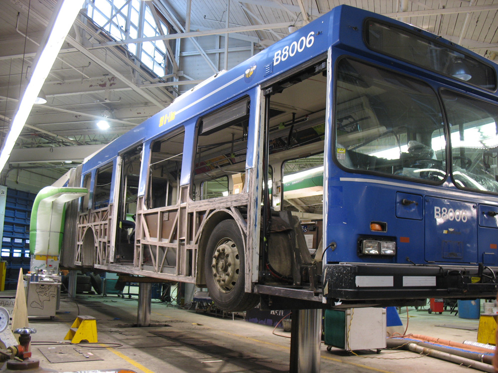 An articulated bus getting a mid-life overhaul down at Fleet Overhaul, the conventional bus maintenance centre down at Burnaby Transit Centre.