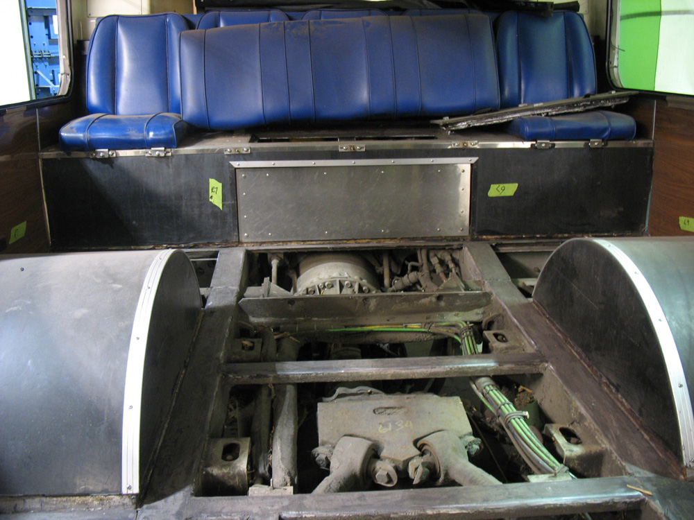 I got to stand inside the back of the articulated bus. Here’s a photo of the back seats – the engine sits underneath it!