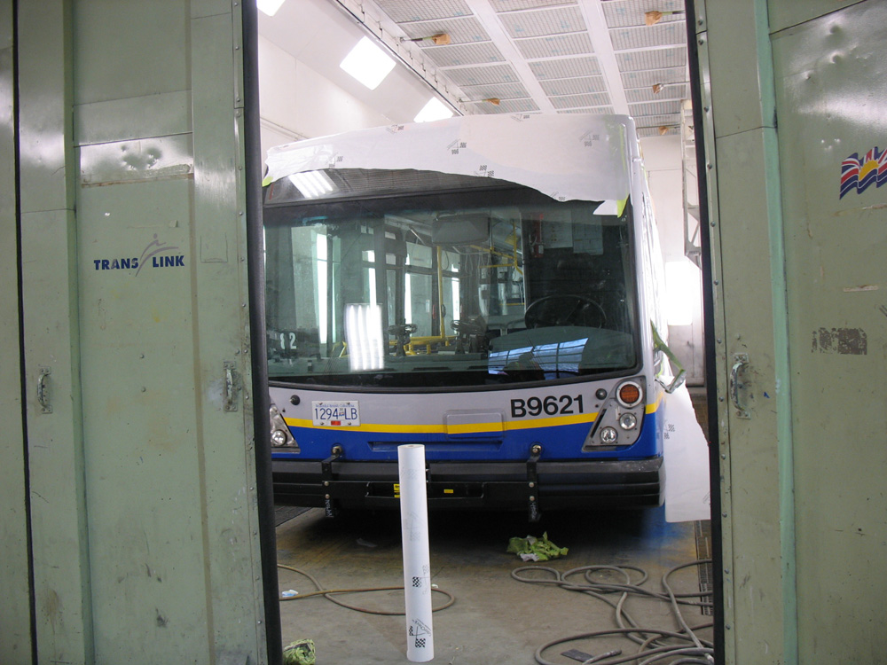 A Nova bus in the conventional bus paint booth.