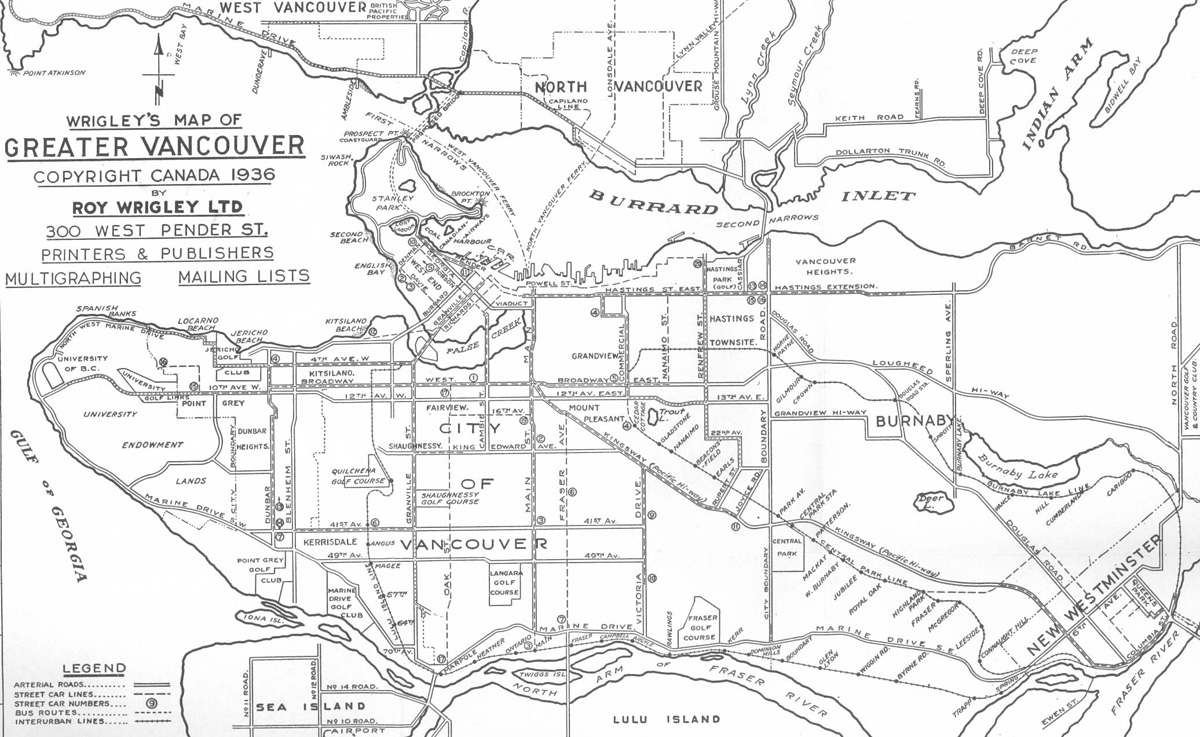 A 1936 map of Greater Vancouver interurban and streetcar routes, showing the interurbans at their height. Routes began to close down after the Pattullo Bridge opened. (The interurban lines are the dark dotted lines with circles every few millimetres – see the legend at the bottom right.) The map is from Wrigley's Greater Vancouver City Street Guide, courtesy of the City of Burnaby Archives.