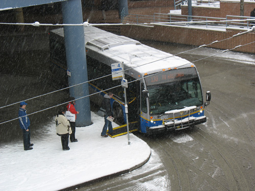 The 130 at Metrotown Loop was carrying a layer of snow this morning.