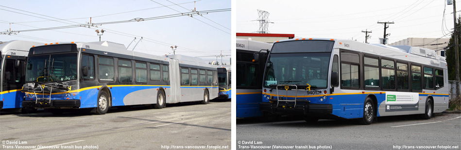 A hybrid New Flyer articulated bus (left) and a hybrid Nova bus (right) are in town for evaluations right now.
