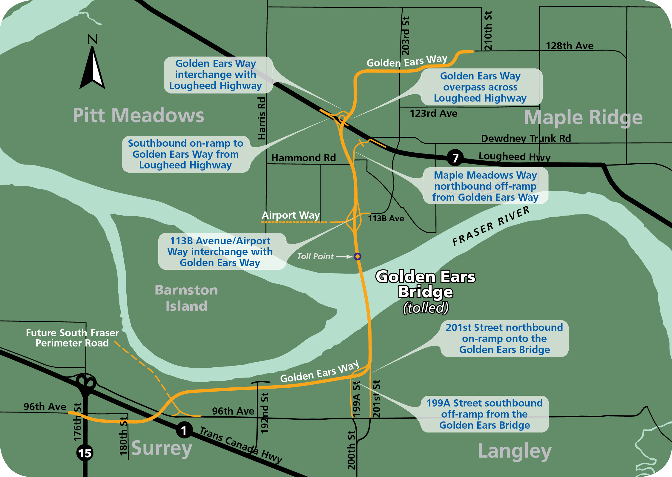 A map of connections to the Golden Ears Bridge. Click for a larger version.