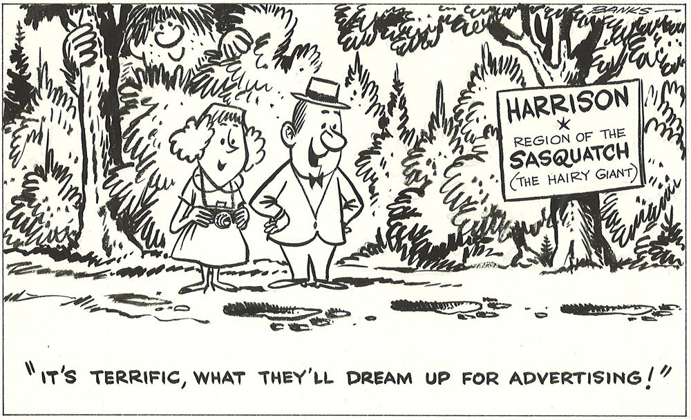Published in the May 12, 1961 Buzzer. This cartoon refers to the Pacific Stage Lines coach tours, which would take residents out to local holiday destinations.
