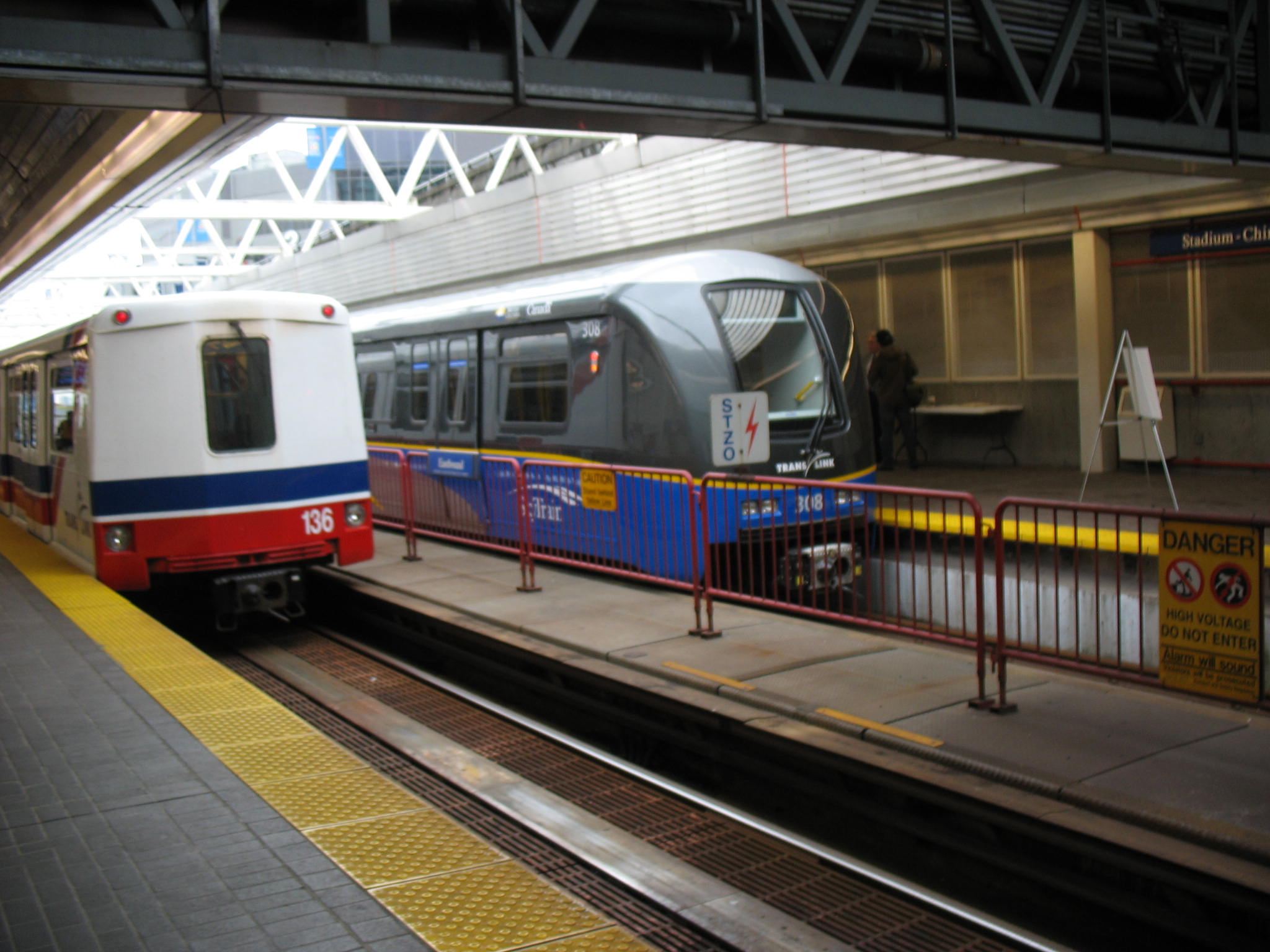 The new SkyTrain car, sitting on the Stadium Station side track. 