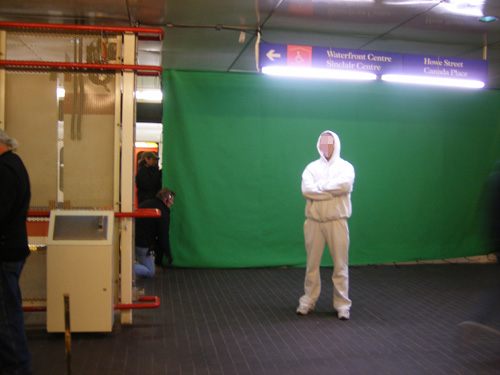 A green screen was eventually used to put the polar bear in Waterfront Station.