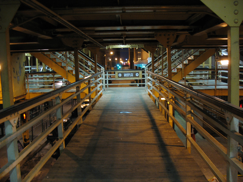 Wooden walkways at a Chicago elevated train station.