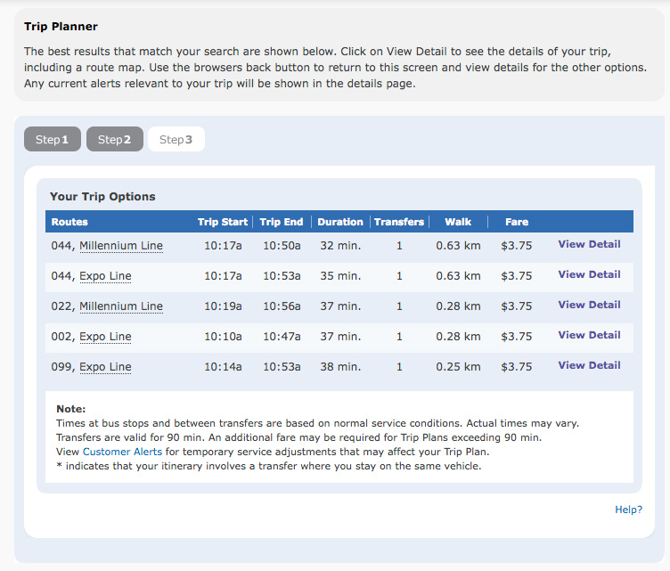 Five options now appear when you use the trip planner!