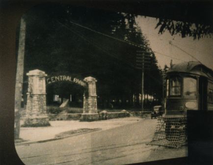 A Central Park Line  interurban tram going by the actual Central Park – check out its original gate at the Kingsway entrance! (Item 145-010, from the Evelyn Salisbury collection, courtesy of the <a href=http://www.heritageburnaby.com>City of Burnaby Archives</a>.) 