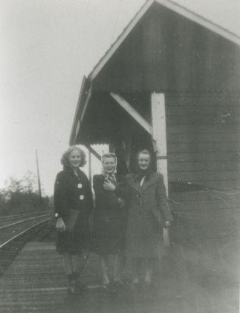 Dolores Dyck, Helen Silvanovicz and Norma Rypdal at the Connaught Hill Interurban tram station on their way to Burnaby South High School, 1944. Item 315-310 from the Centennial Anthology Collection, courtesy of the <a href=http://www.heritageburnaby.com>City of Burnaby Archives</a>.