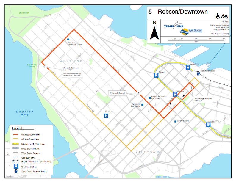 The normal 5 Robson/Downtown route map.