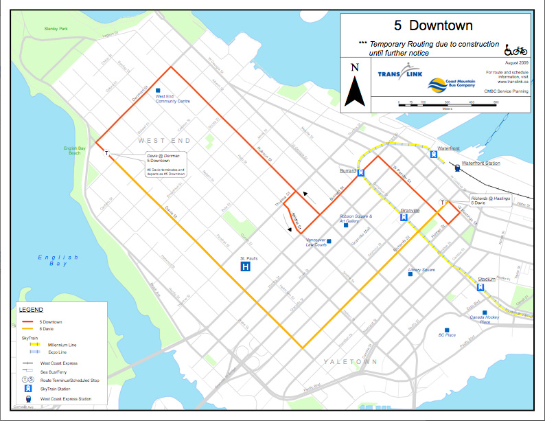 Reroute map for the 5 Robson/Downtown.