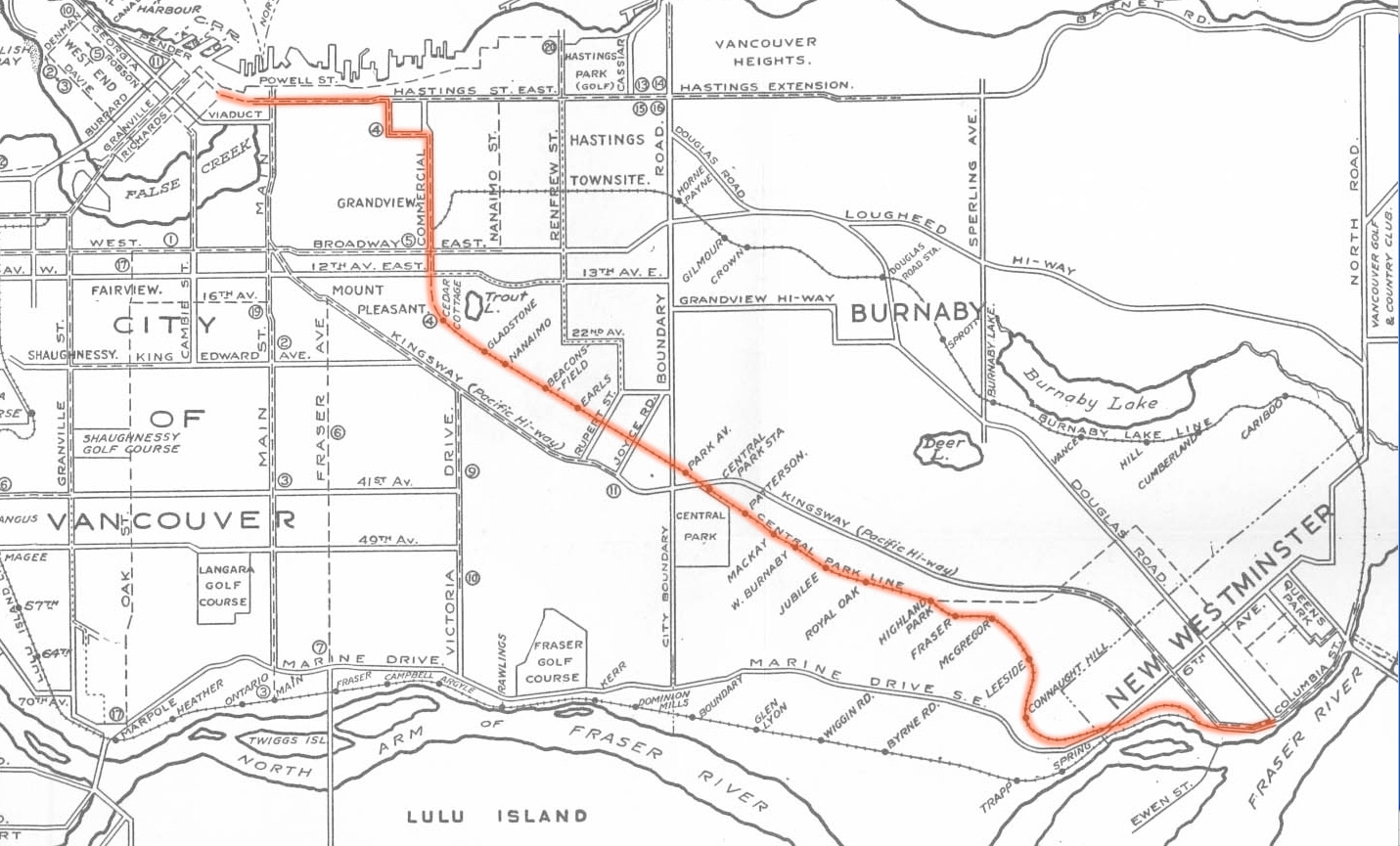 A map of the Central Park Line,  outlined on a 1936 Wrigley's transit map supplied by the <a href=http://burnabyvillagemuseum.ca/>Burnaby Village Museum</a>.