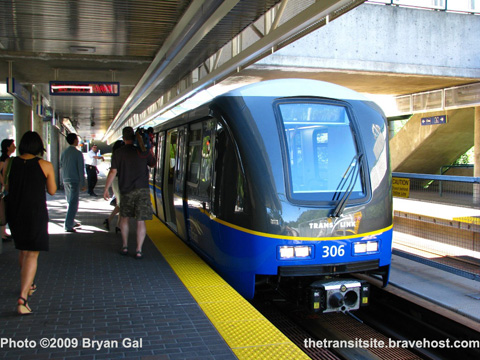 The new SkyTrain car at Edmonds Station. Photo by <a href=http://thetransitsite.bravehost.com/Photo%20Gallery/Skytrain/Bombardier%20MKII%20Trains/1300-1400%20series/MKII%201300-1400%20Trains.html>Bryan Gal</a> --- see a much larger version <a href=http://www.majhost.com/gallery/translink/Transit/TransLink/Skytrain/img_5050.jpg>here</a>.