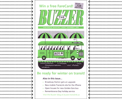 The November 2008 Buzzer cover, drawn by <a href=http://fifteen.ca/>Raymond Biesinger</a>.