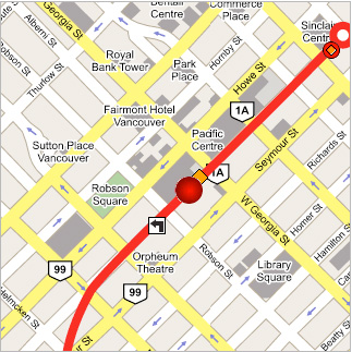 A map to Vancouver City Centre station in downtown Vancouver.