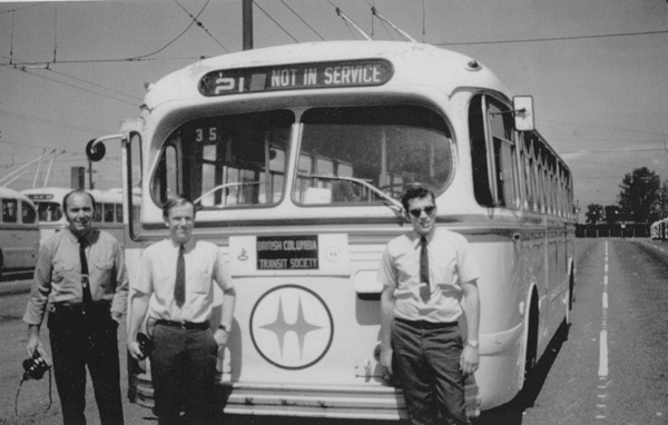 Keith Daubenspeck (Seattle Transit driver), Angus McIntyre and Brian Kelly about to head out for a fan trip with Brill trolleybus 2031 at Oakridge Transit Centre. (Photo by Wally Young circa 1970.)