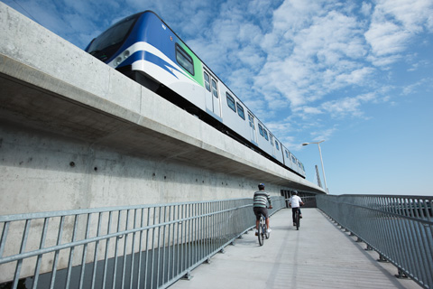 The Canada Line pedestrian-bicycle bridge, approaching from the Vancouver side.