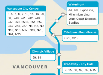 Bus service to four Canada Line stations. Check out the full Canada Line bus connections: try the <a href=http://www.translink.ca/en/Rider-Info/Canada-Line/Transit-Services.aspx#map>interactive map</a> here.