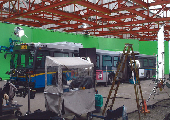 A TransLink articulated bus, all dolled up for its scene in Defying Gravity.