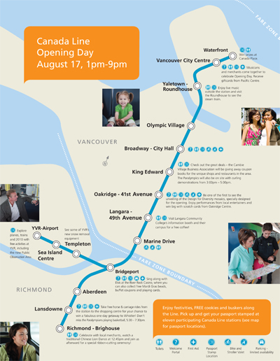 The Canada Line opening day map, showing stamp locations, bathrooms, and more. Click for a larger version. It's also available in <a href=http://www.translink.ca/~/media/Documents/Rider%20Info/Canada%20Line/Canada%20Line%20Opening%20Day%20Activity%20Map.ashx>PDF format</a>!