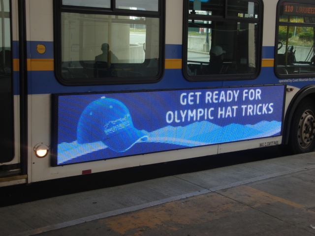 The LED ad screens on 10 Vancouver buses can show animated ads, like this Olympic promotion.