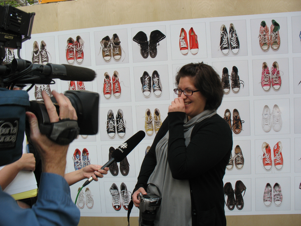 Krista Jahnke being interviewed by CBC about her artwork. 