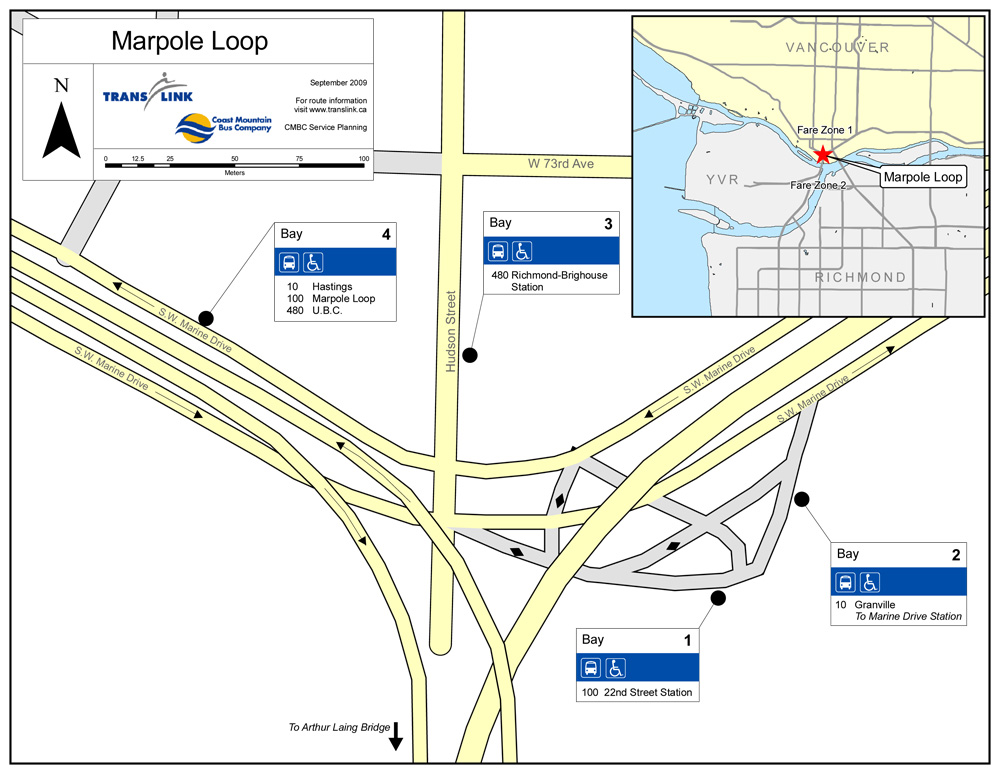 Bus bays 1 and 2 are switching places at Marpole Loop. Here's the revised map! Click for a much larger version.