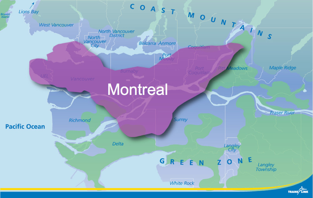 The area of the City of Montreal, superimposed over our service area.