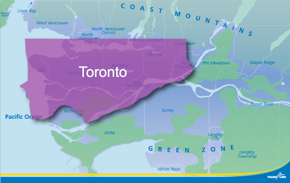 The area of the City of Toronto, superimposed over TransLink's service area.