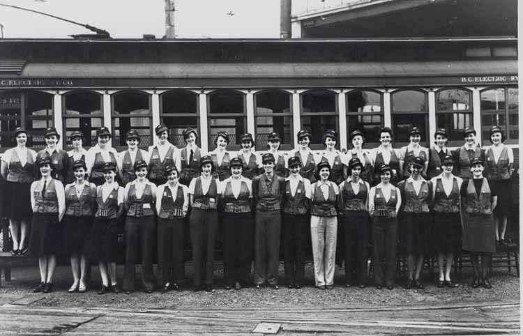 A group of conductorettes after finishing a training course in the 1940s. They were at first issued skirts as part of their uniform, but this image shows the transition to pants. Skirts were difficult to manage when climbing the trolley to reset the poles! Photo courtesy of the Coast Mountain Bus Company Archives.
