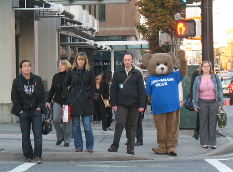 The Ride-Share bear, out at Broadway and Granville this morning!